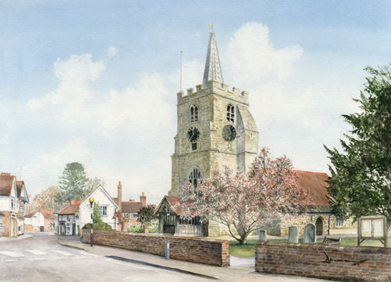 Chobham Church Surrey - Watercolour Painting by David Drury - Surrey Artist