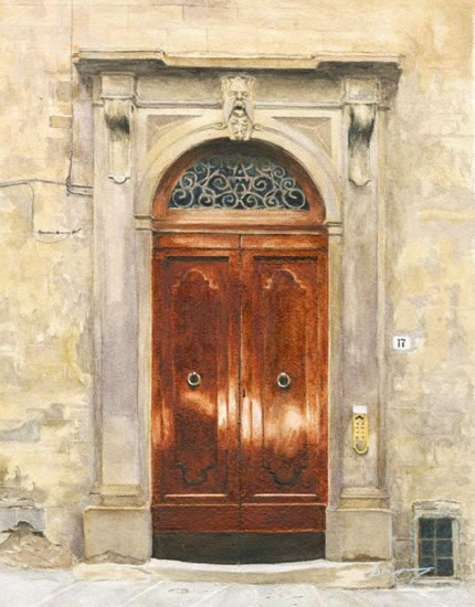 Brown Doors to Number 17 - Fine Art Prints Watercolour Gallery - Painting by Woking Surrey Artist