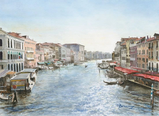 Venice Grand Canal In Sunlight - Fine Art Prints Watercolour Gallery - Painting by Woking Surrey Artist