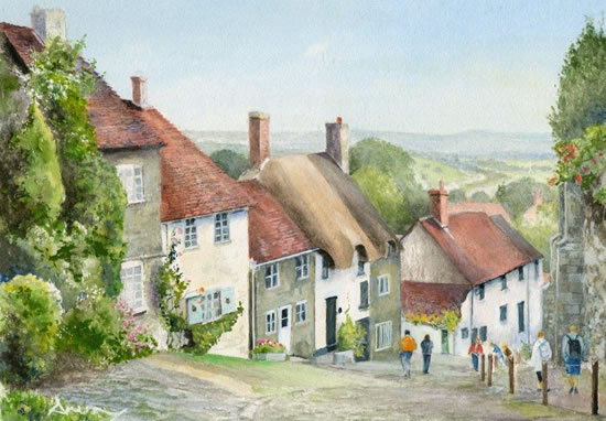 Gold Hill Shaftesbury Fine Art Prints of Watercolour Painting